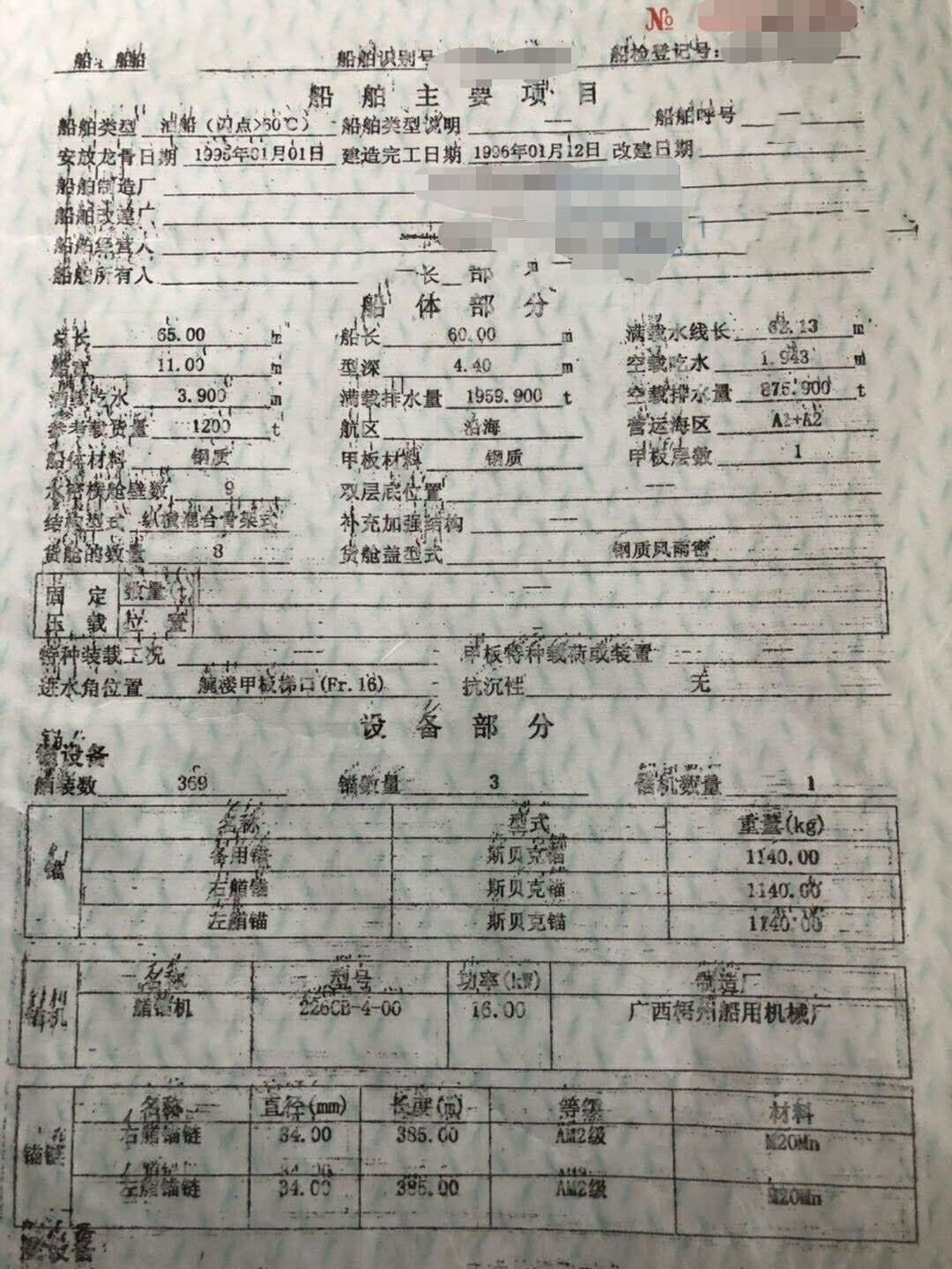 出售1996年广东中山造1200吨沿海柴油船