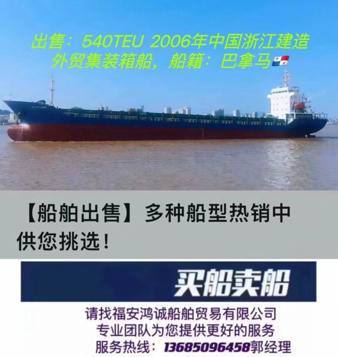 出售：8300吨外贸集装箱船  装载：540TEU 建造年月：2006年  