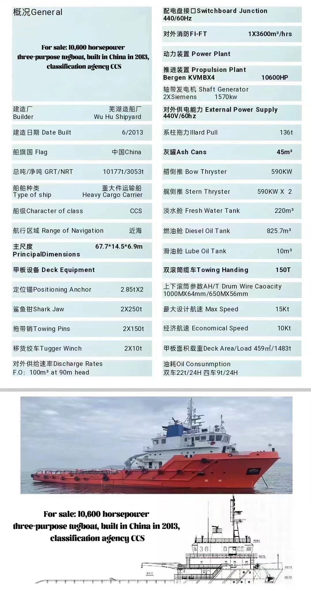 For sale: 10,600 horsepower three-purpose tugboat, built in China in 2013, classification agency CCS