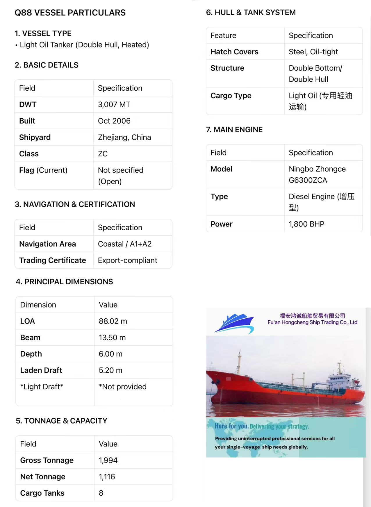 出售:3300吨双壳带加温轻油船 建造年份:2006年10月 建造地址:中国 浙江
