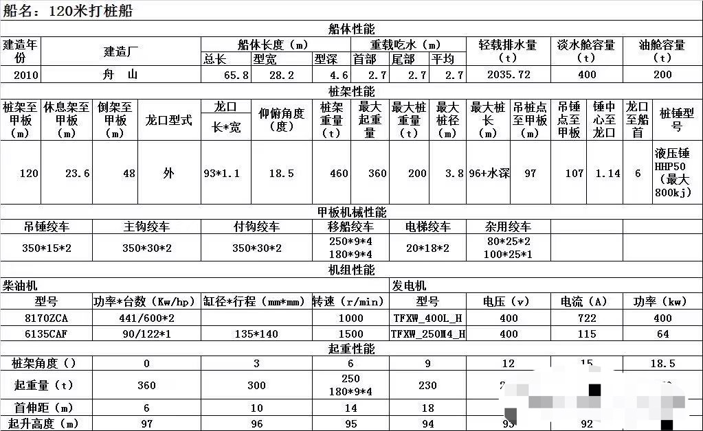 出售120米桩架高度打桩船