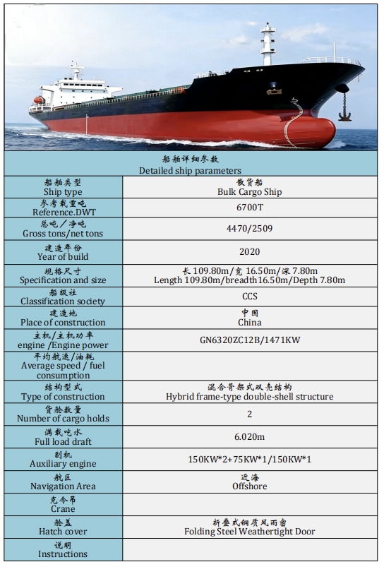 出售6700吨散货船