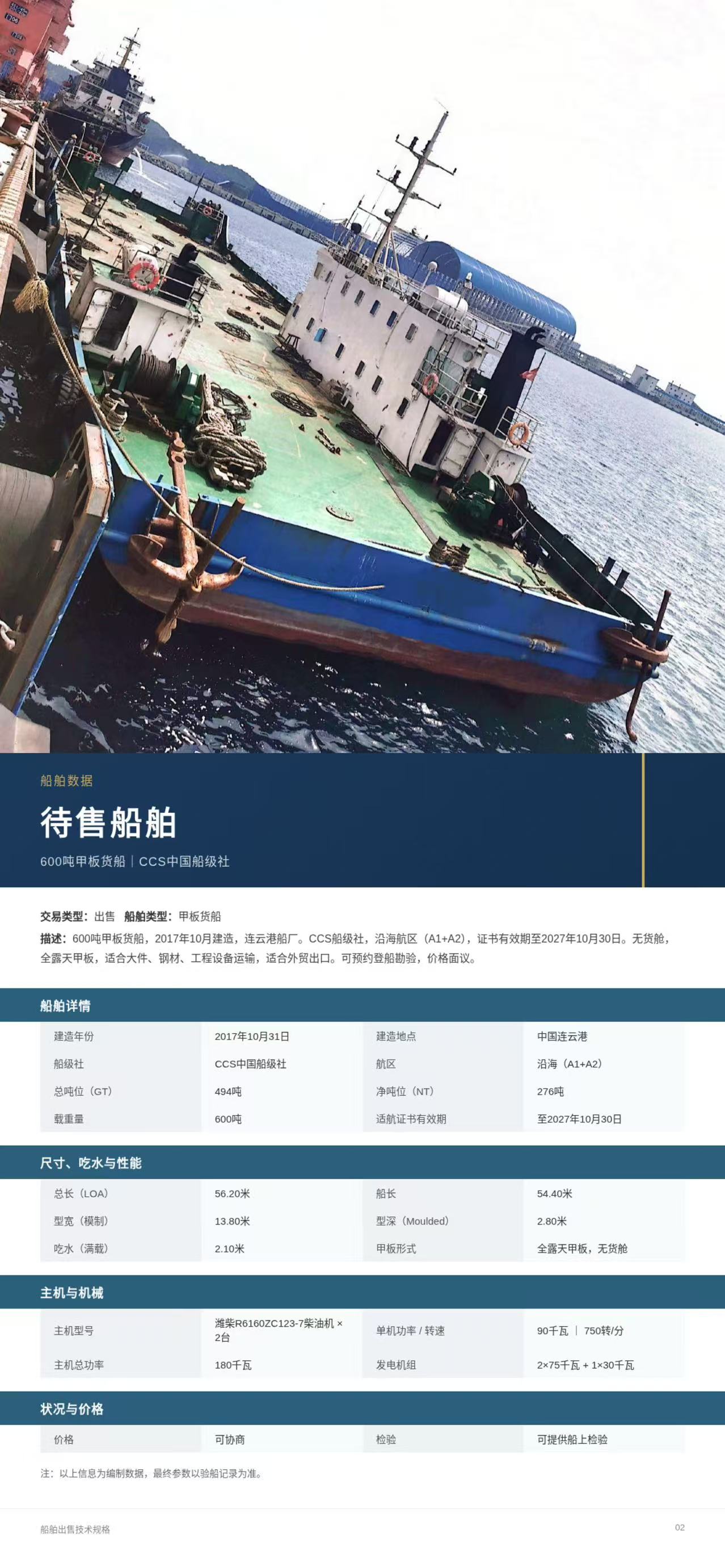 出售：600吨甲板货船